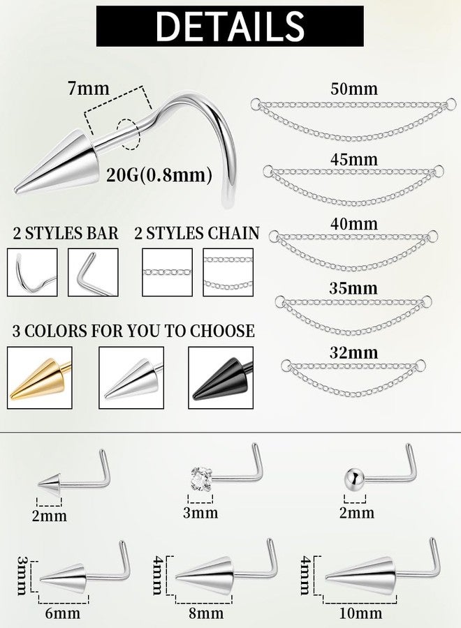LOREMOW 22Pcs 20G Surgical Steel Nose Ring Chain Nose Ring Stud for Women Men Double Nose Chain Piercing Across Nose Spike Ball CZ Nose Studs Nostril Piercing Jewelry S Black - Image 3